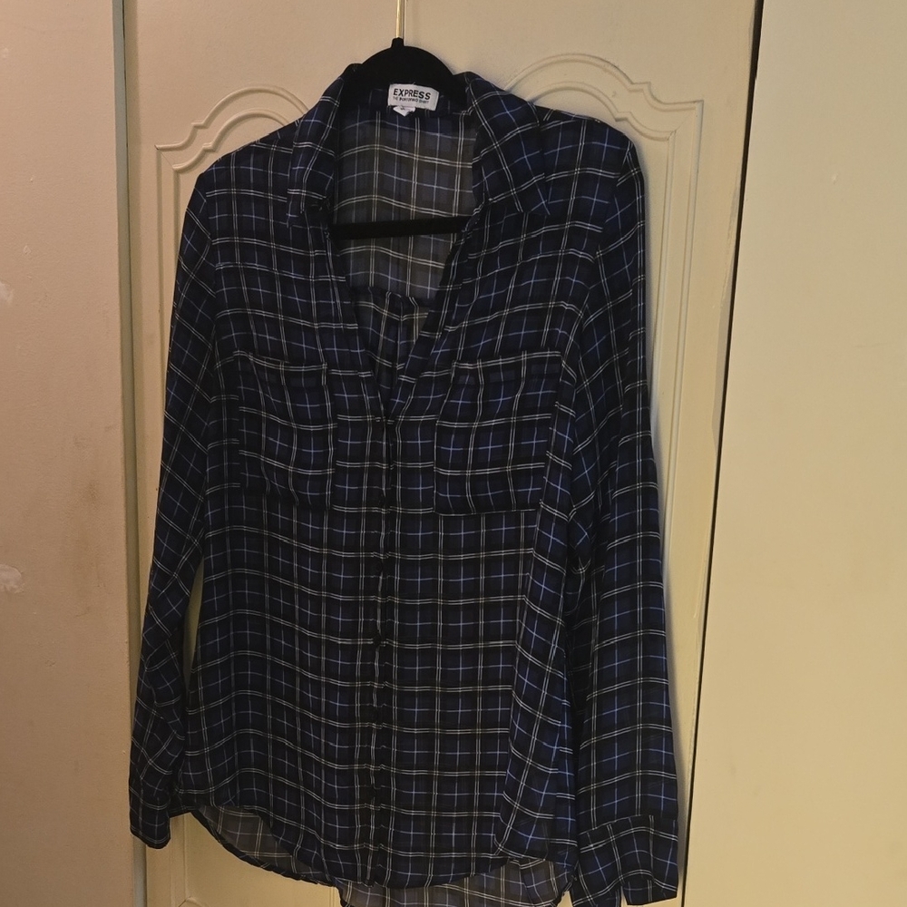 Express Navy and Black Plaid Shirt